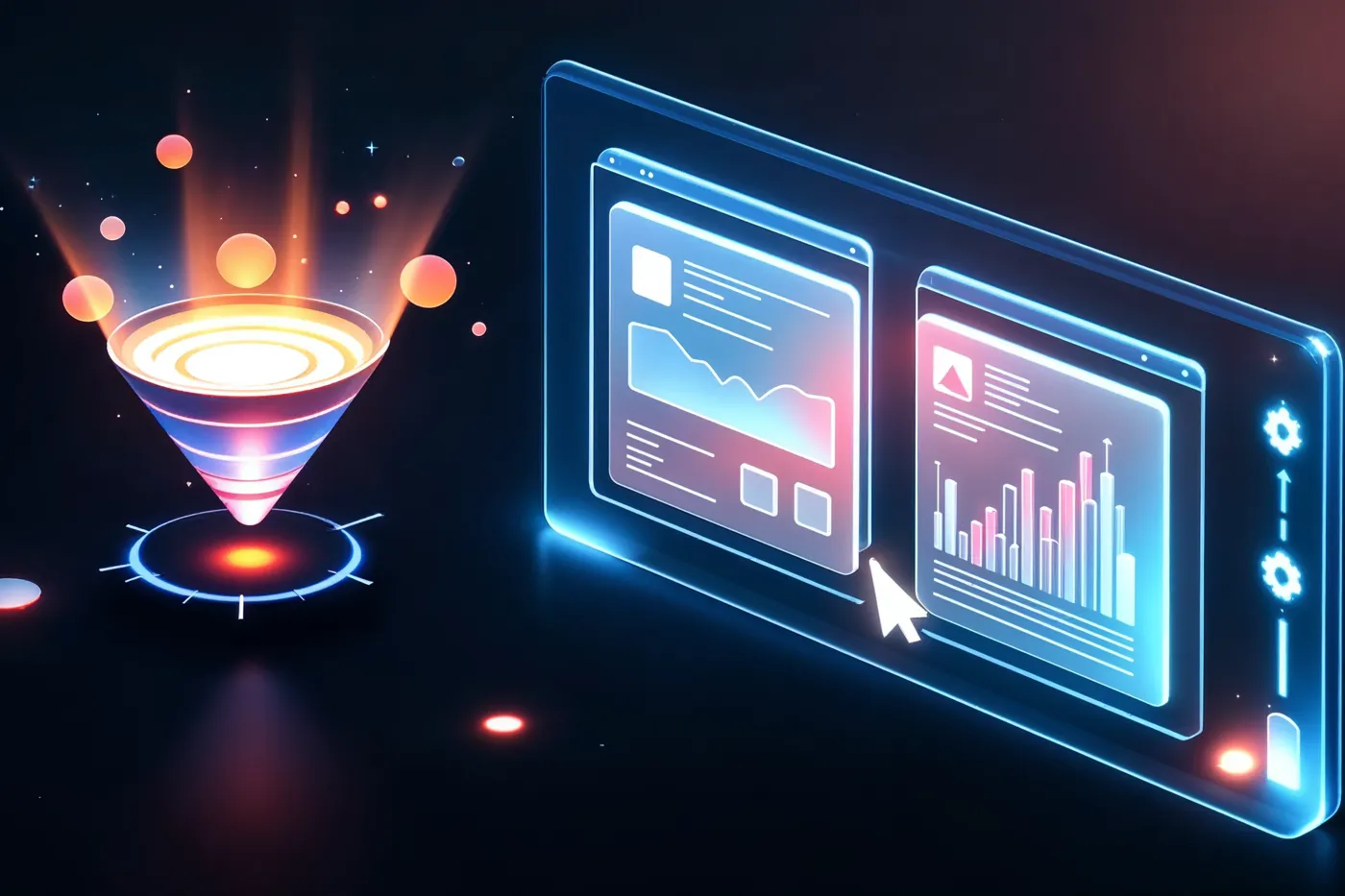 Embudo de conversión luminoso junto a dos variantes de página en un test A/B: consultoría CRO para pymes