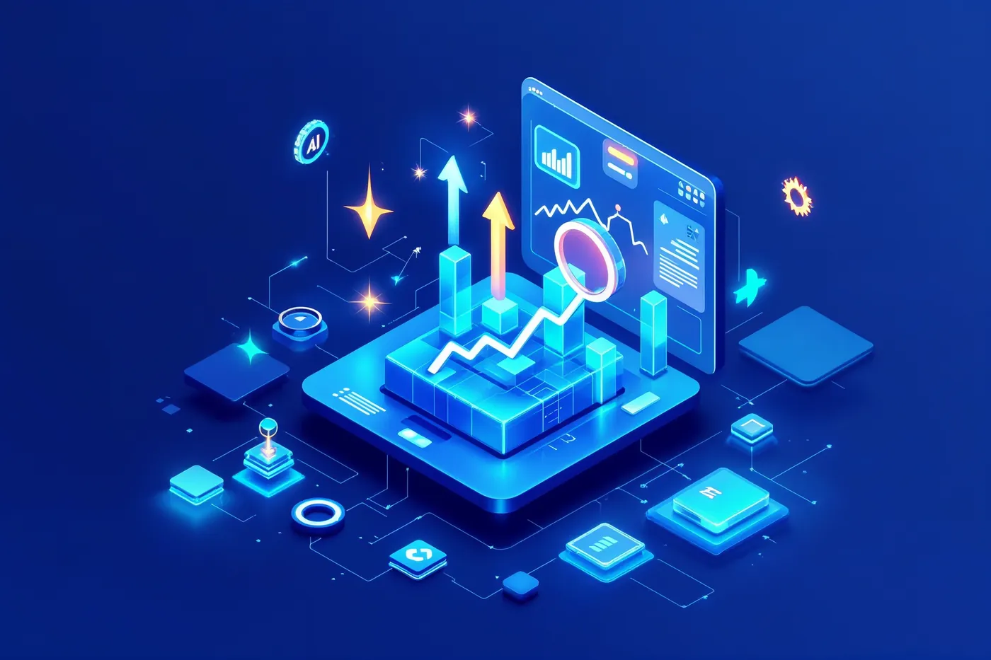 Web en bloques de cristal azul con flecha de crecimiento, lupa e iconos de IA: consultoría SEO para pymes