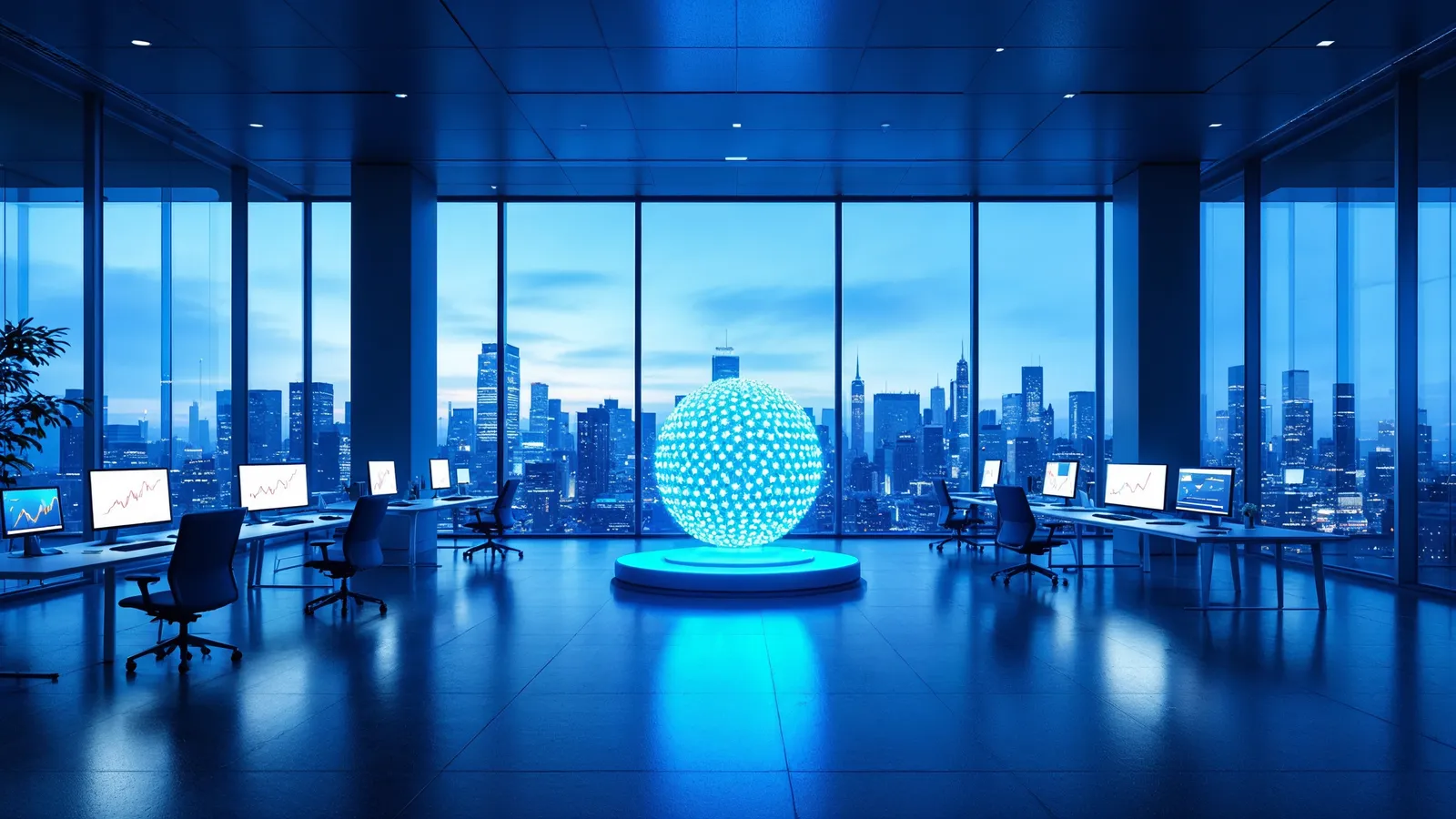 Oficina moderna de consultoría tecnológica al anochecer con un punto de luz azul en el centro: consultora tecnológica para pymes