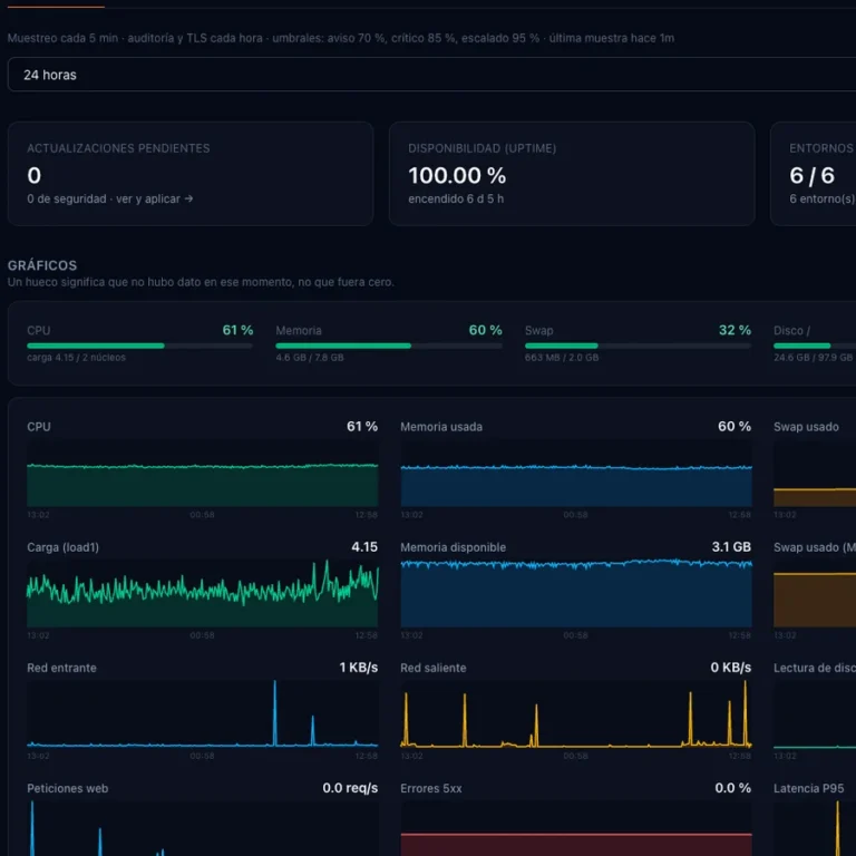 Panel de T2PRO para el control de despliegues: actualizaciones, uptime, entornos y gráficos de CPU y memoria